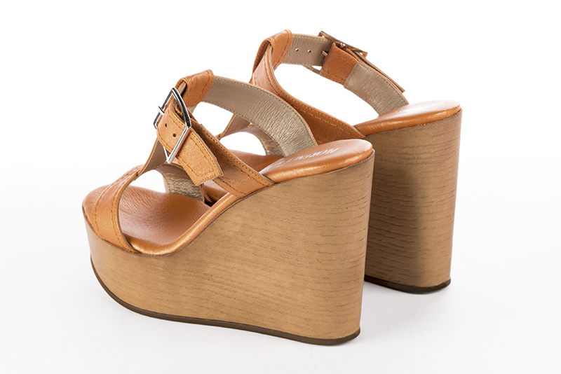 Apricot orange women's fully open mule sandals. Round toe. Very high wedge soles. Rear view - Florence KOOIJMAN